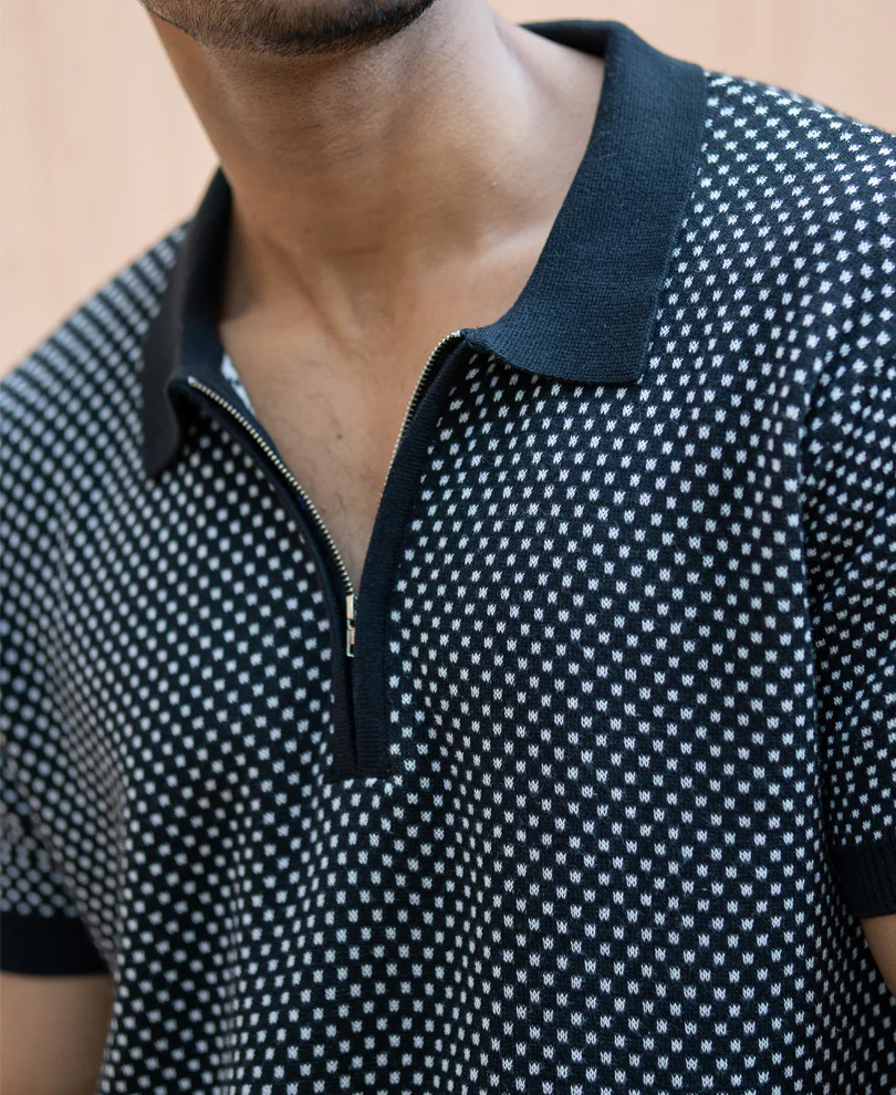 Black Jacquard Knit Polo T-Shirt 100% Cotton - Image 4