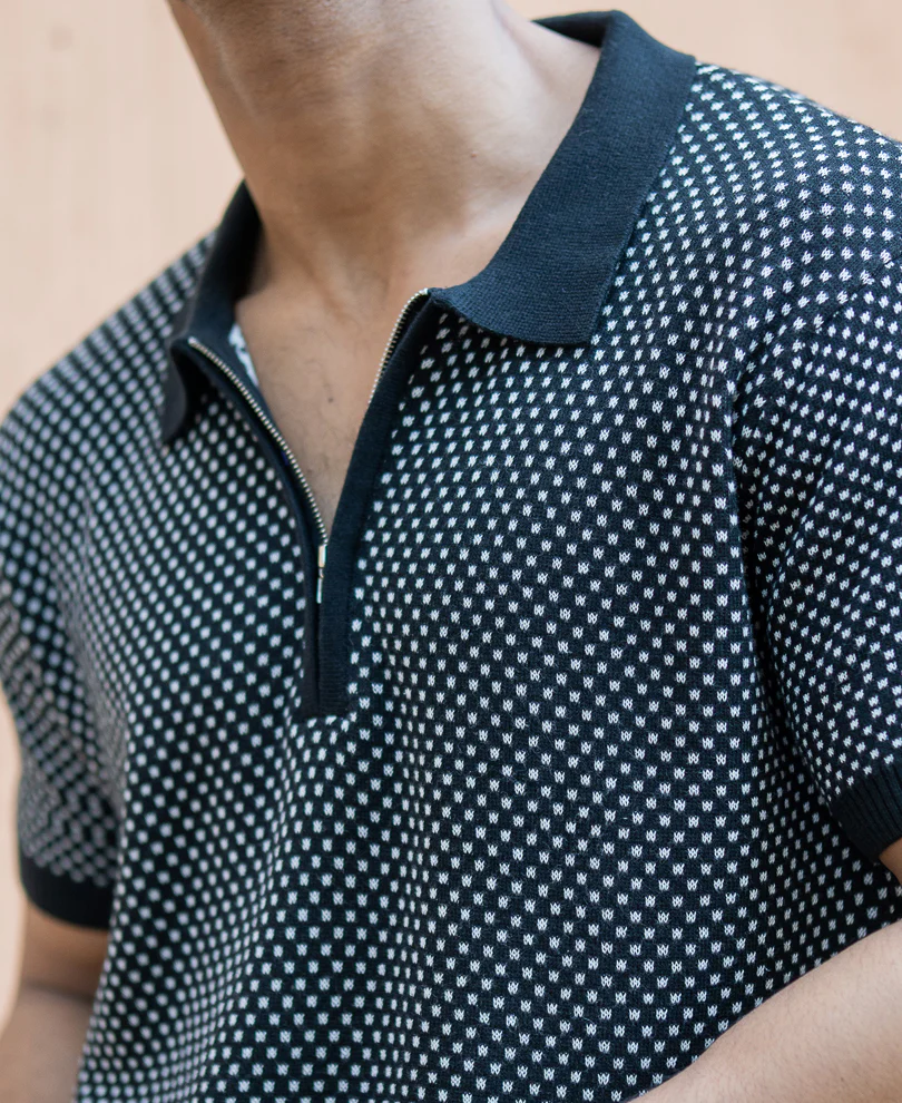 Black Jacquard Knit Polo T-Shirt 100% Cotton - Image 5