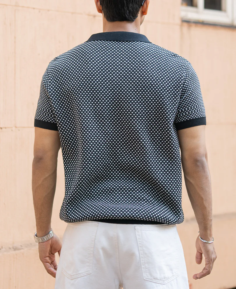 Black Jacquard Knit Polo T-Shirt 100% Cotton - Image 6