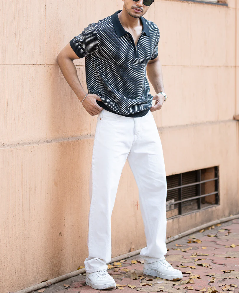 Black Jacquard Knit Polo T-Shirt 100% Cotton - Image 7