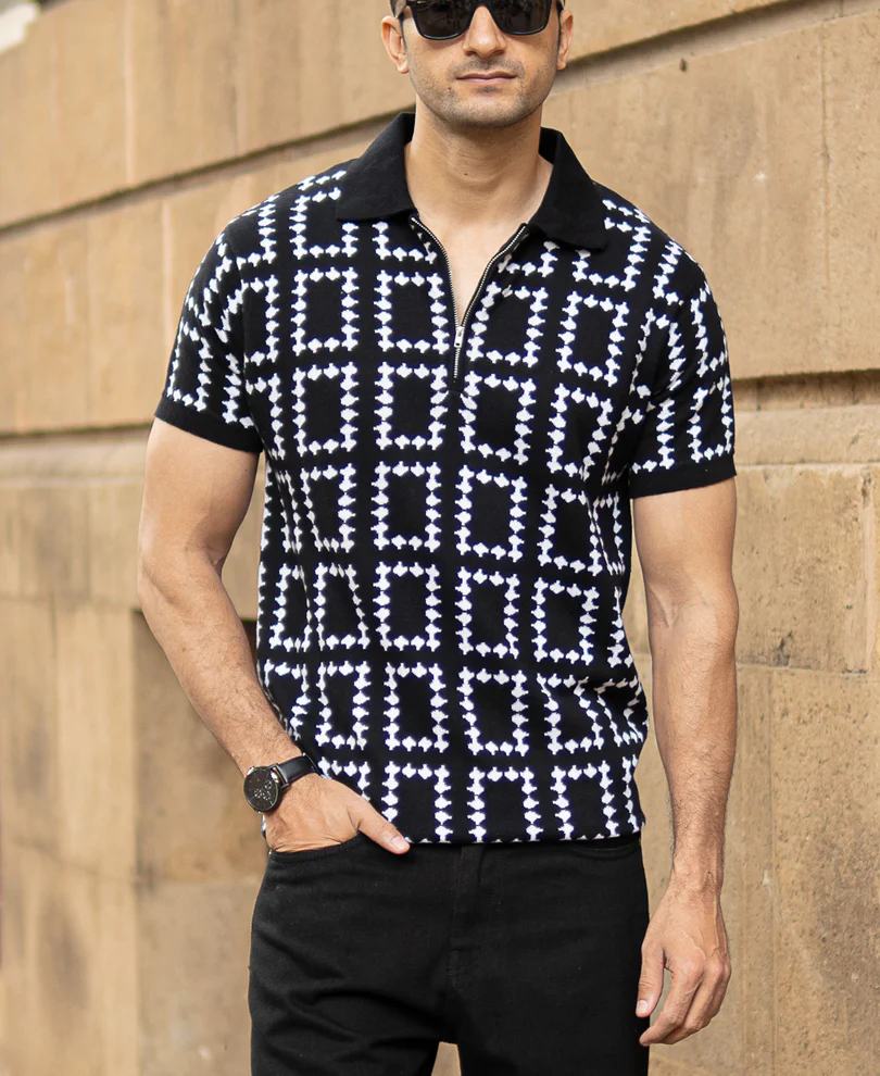 Black Knit Zipper Polo T-Shirt 100% Cotton - Image 2