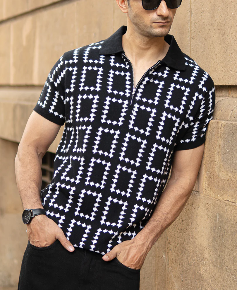 Black Knit Zipper Polo T-Shirt 100% Cotton - Image 3