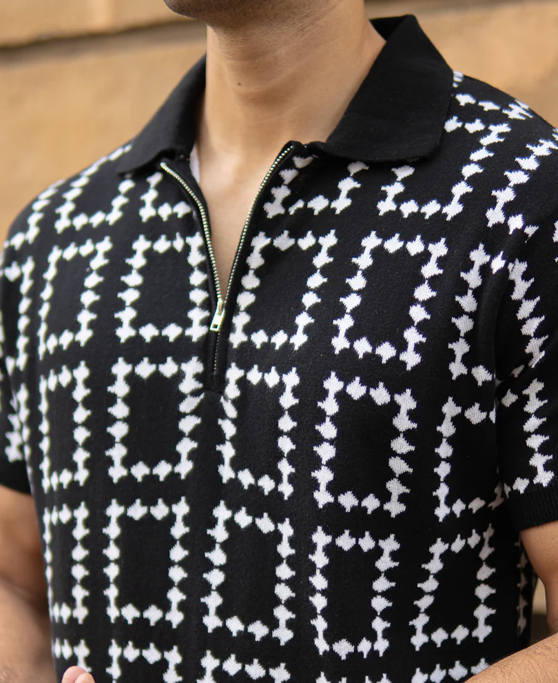 Black Knit Zipper Polo T-Shirt 100% Cotton - Image 4