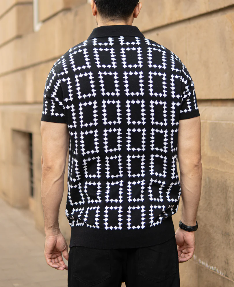 Black Knit Zipper Polo T-Shirt 100% Cotton - Image 5