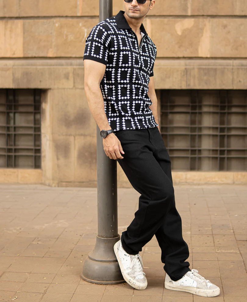 Black Knit Zipper Polo T-Shirt 100% Cotton - Image 6