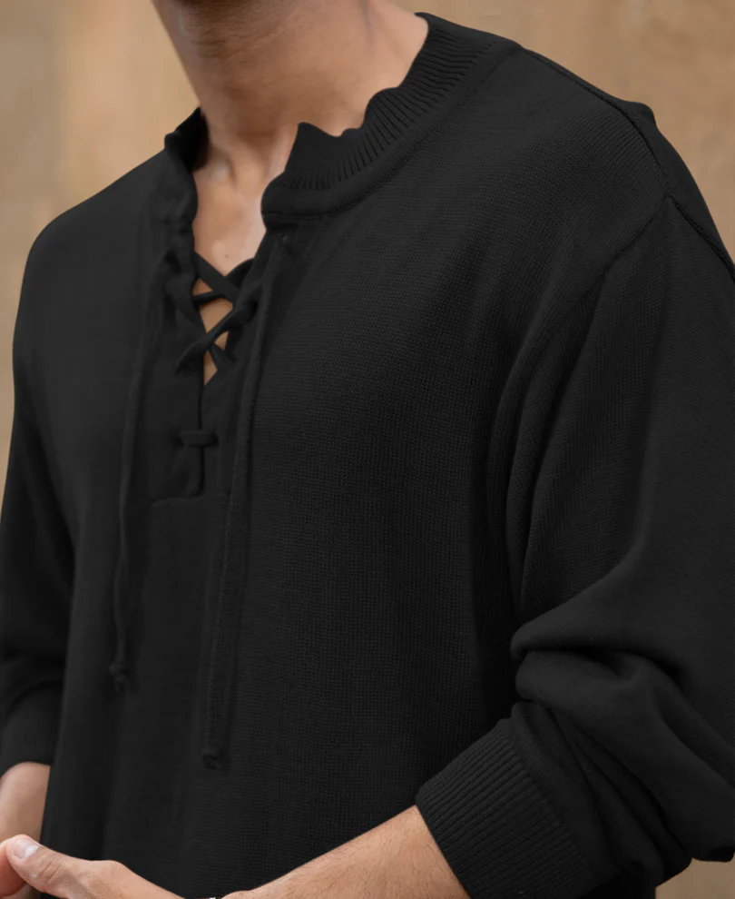 Black Knitted Henley Full Sleeves T-Shirt 100% Cotton - Image 3