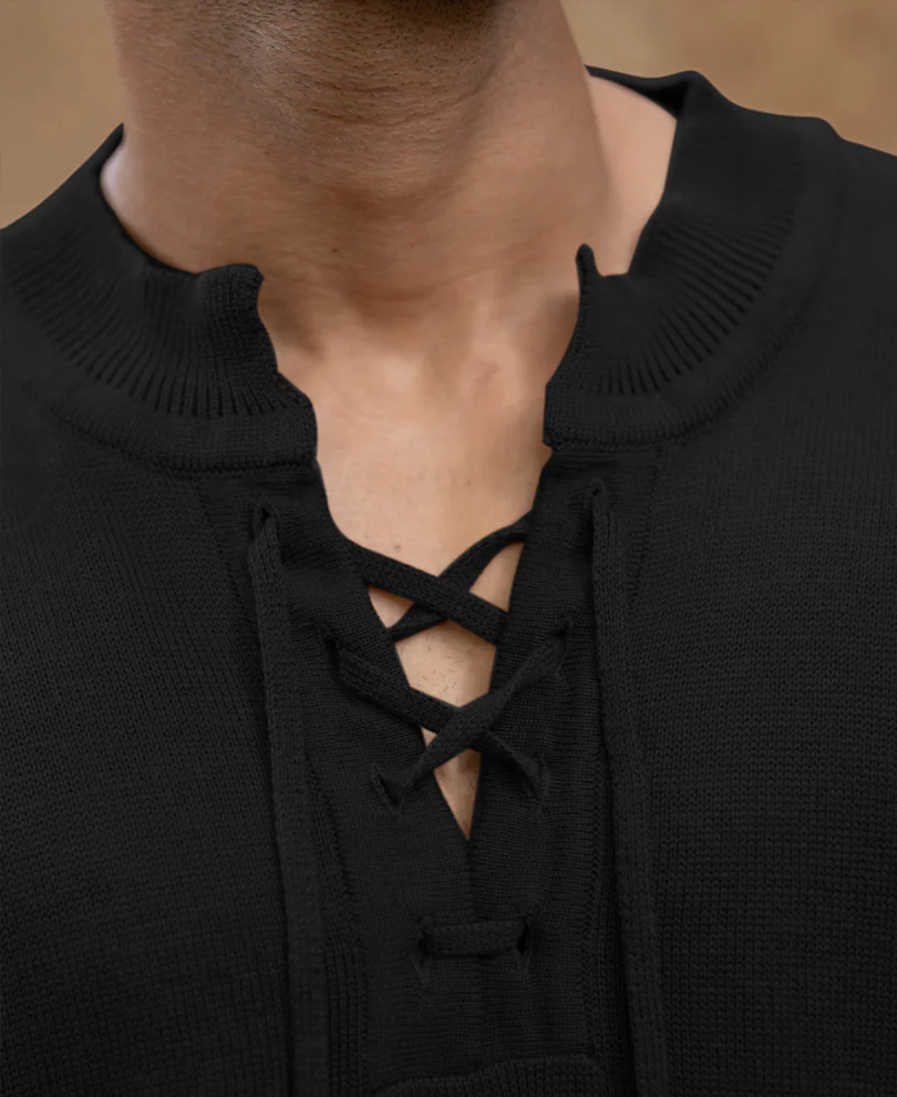 Black Knitted Henley Full Sleeves T-Shirt 100% Cotton - Image 4