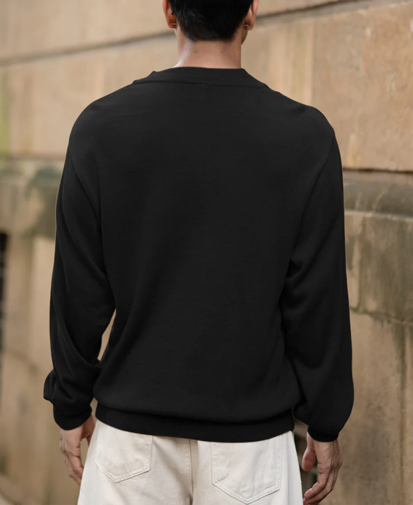 Black Knitted Henley Full Sleeves T-Shirt 100% Cotton - Image 5