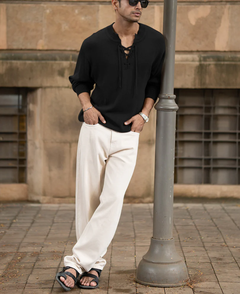 Black Knitted Henley Full Sleeves T-Shirt 100% Cotton - Image 6