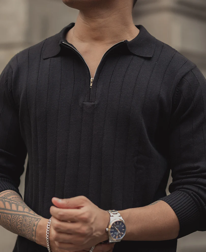 Black Knitted Regular Fit Full Sleeves T Shirt 100% Cotton - Image 4