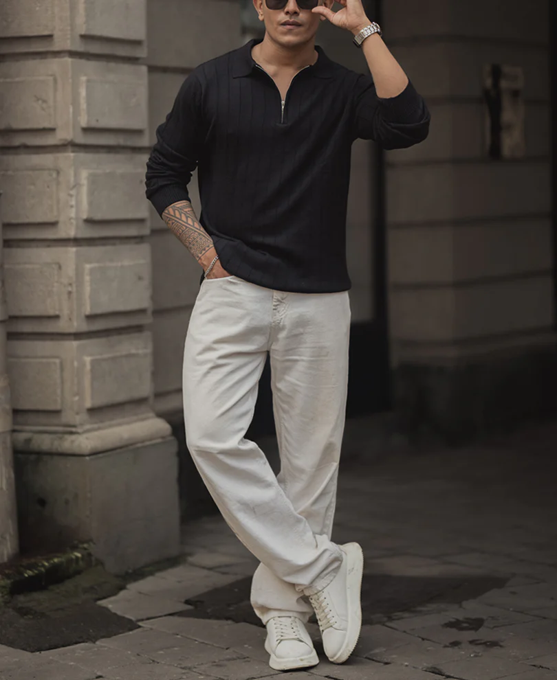 Black Knitted Regular Fit Full Sleeves T Shirt 100% Cotton - Image 5