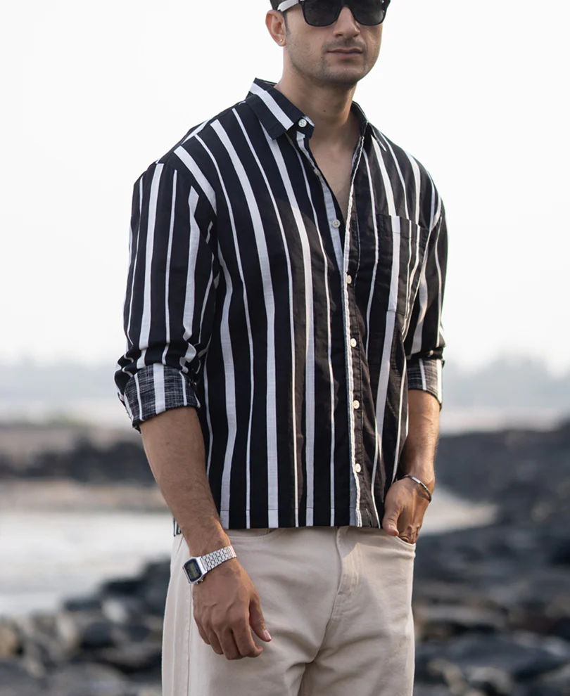Black Lightweight Striped Shirt 100% Cotton - Image 3