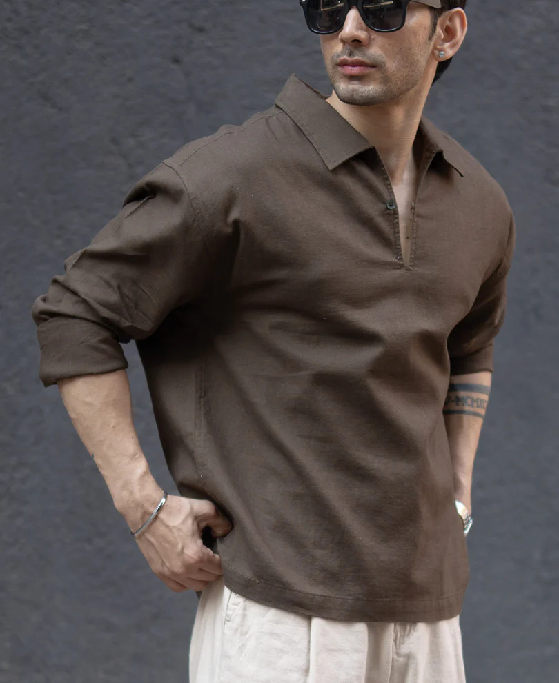 Brown Lightweight Structured Kurta Shirt 100% Cotton - Image 2