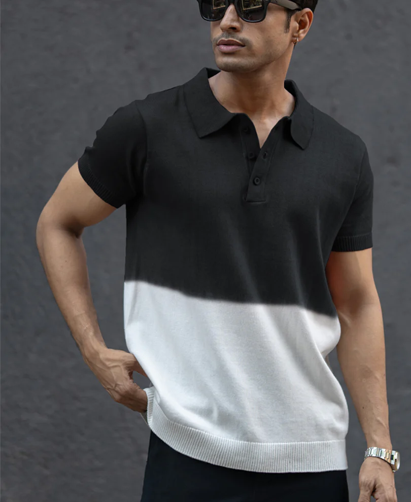 Black Ombre Knit Polo T-Shirt 100% Cotton - Image 3