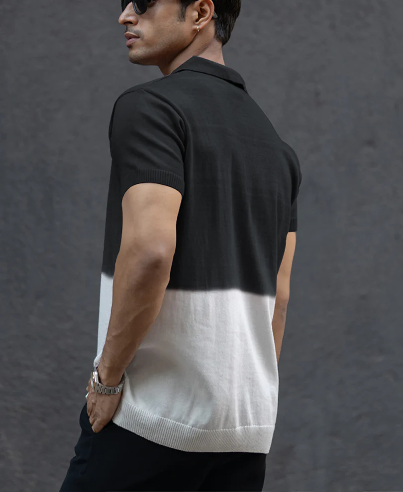 Black Ombre Knit Polo T-Shirt 100% Cotton - Image 4