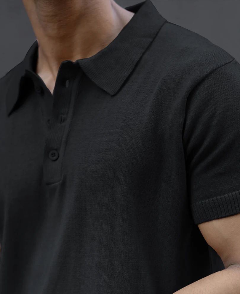 Black Ombre Knit Polo T-Shirt 100% Cotton - Image 5