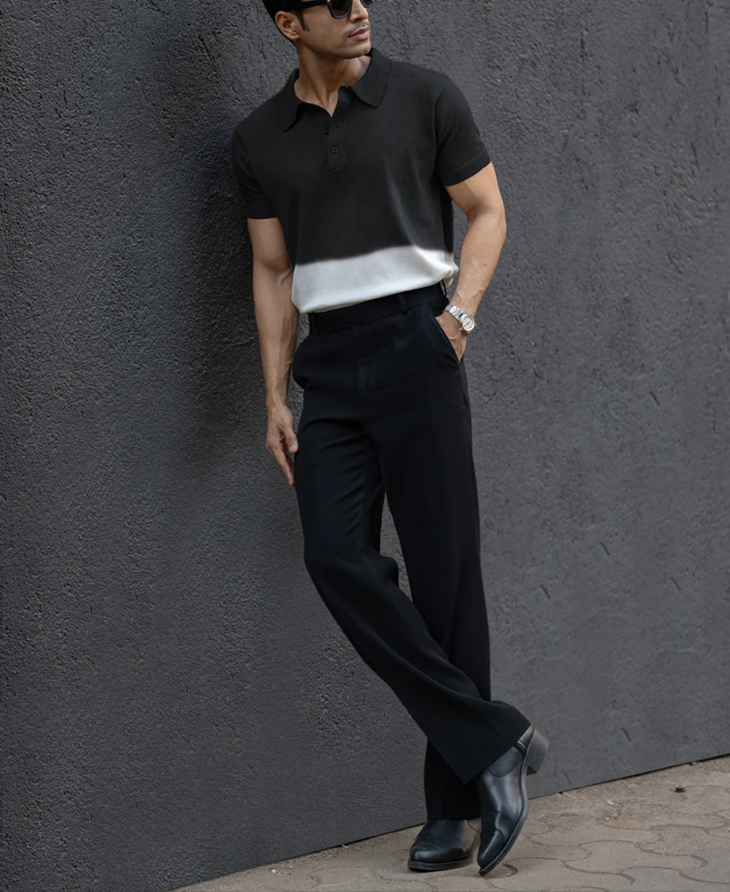 Black Ombre Knit Polo T-Shirt 100% Cotton - Image 7