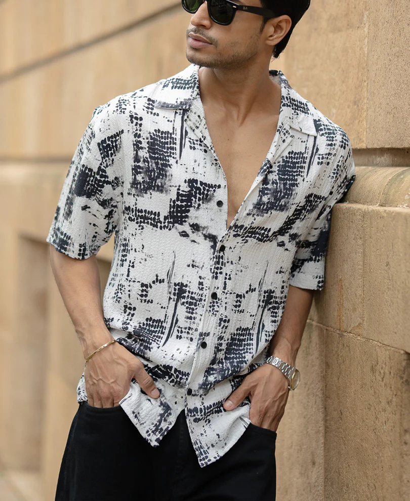 Black Printed Cuban Flowy Shirt - Image 2
