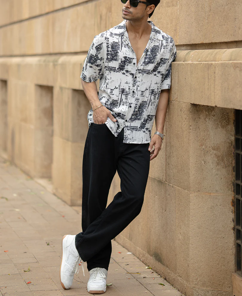 Black Printed Cuban Flowy Shirt - Image 6