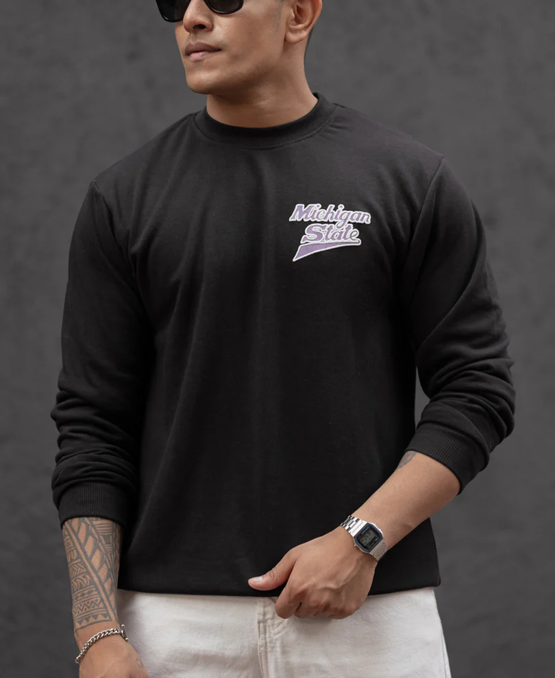 Black Printed Regular Fit Full Sleeves T-Shirt 100% Cotton - Image 3