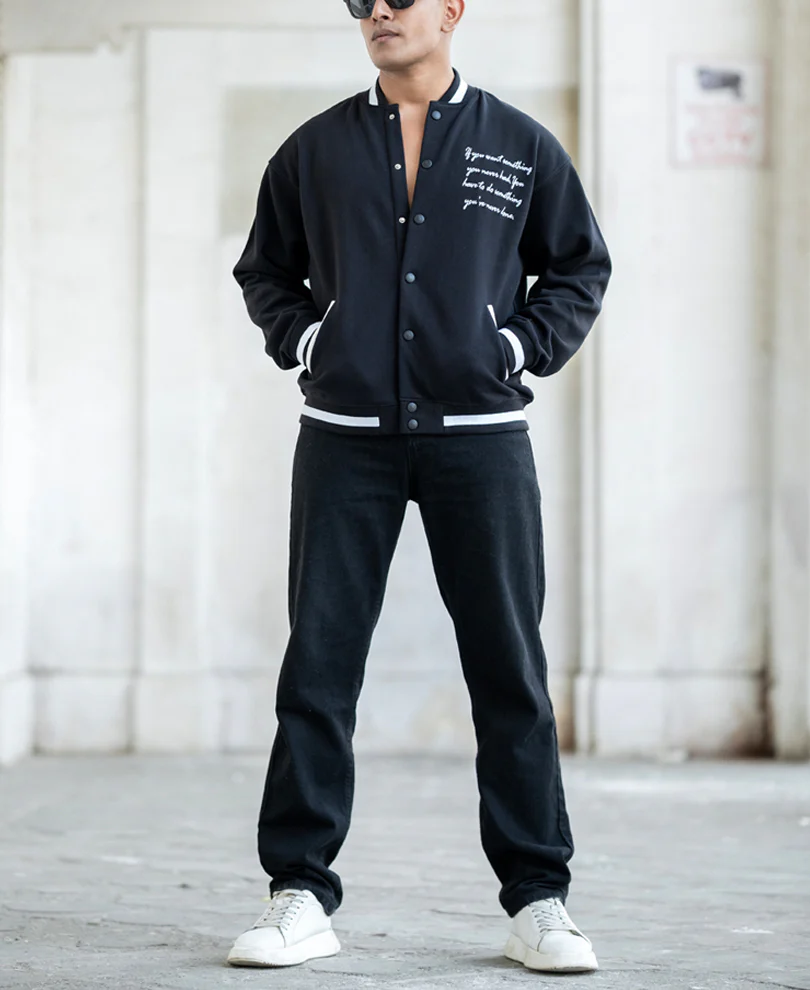 Black Embroidered Varsity Jacket 100% Cotton - Image 6
