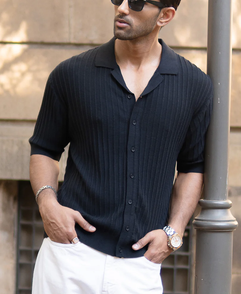 Black Rib Knit Cuban Shirt - Image 2