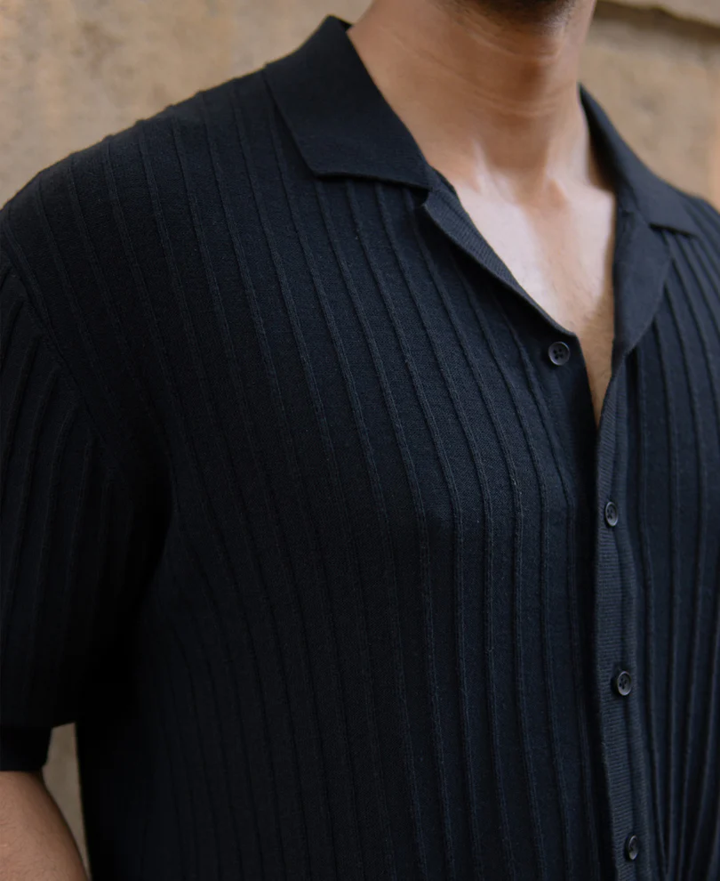 Black Rib Knit Cuban Shirt - Image 4