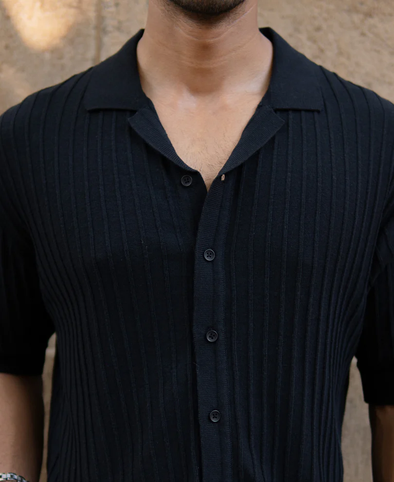 Black Rib Knit Cuban Shirt - Image 5