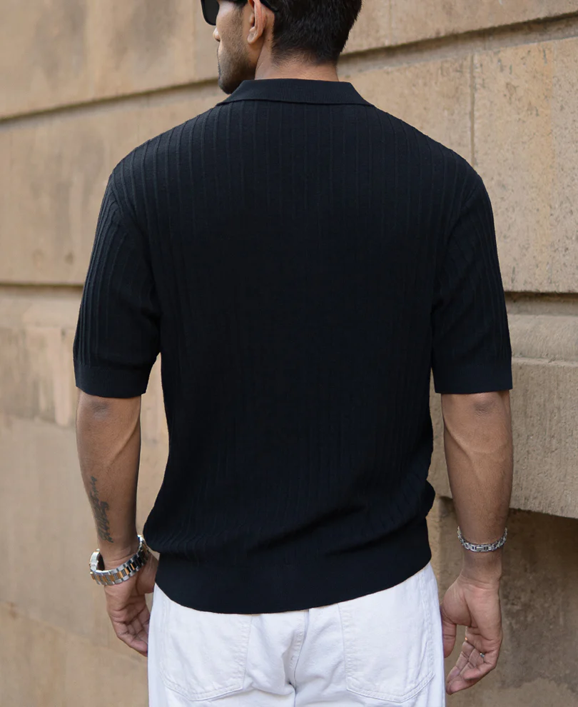 Black Rib Knit Cuban Shirt - Image 6