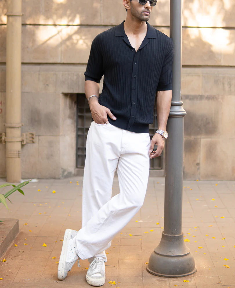 Black Rib Knit Cuban Shirt - Image 7