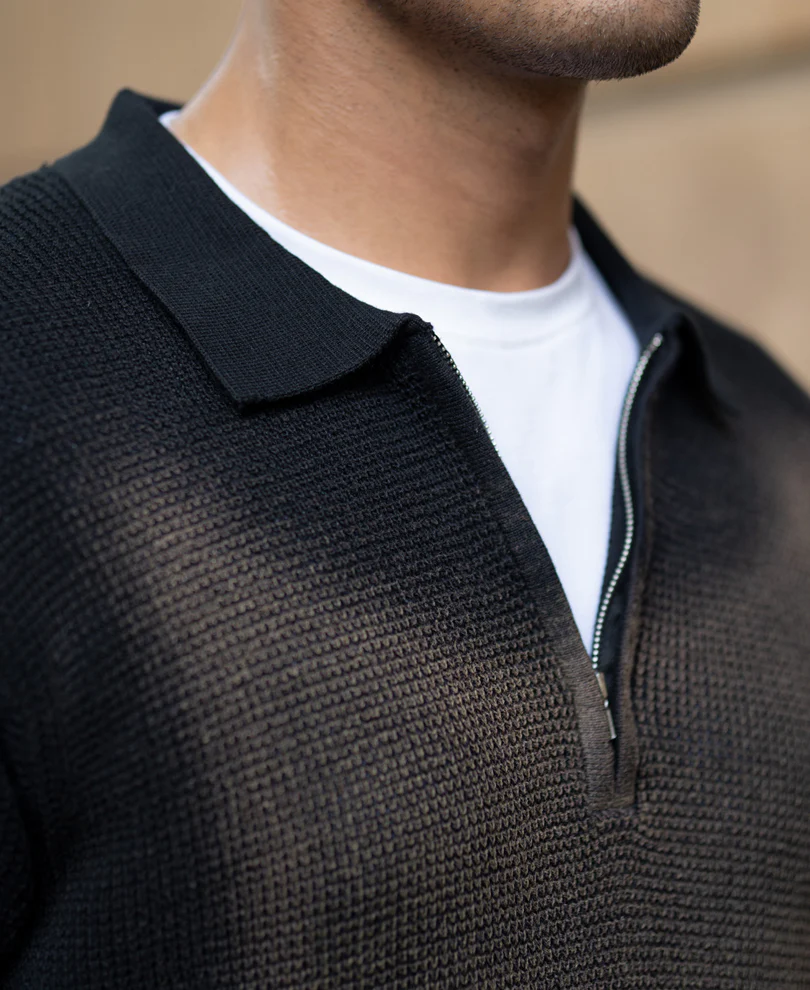Black Sprayed Zipper Neck T-Shirt 100% Cotton - Image 4