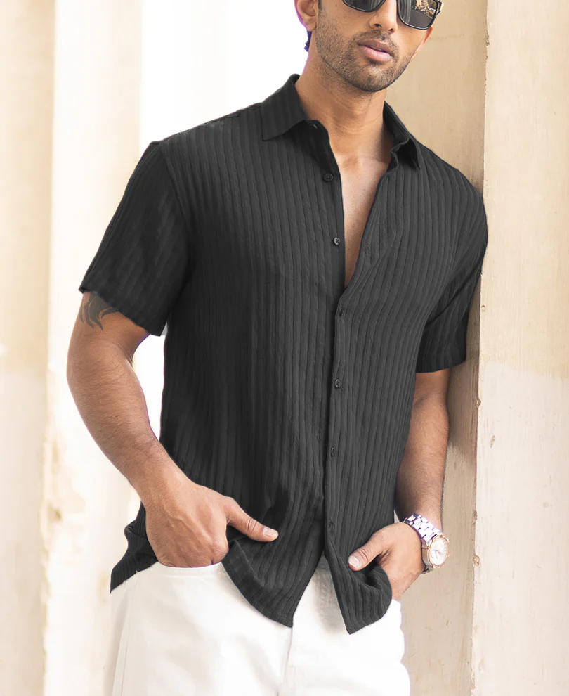 Black Stripe Regular Fit Half Sleeves Shirt - Image 2