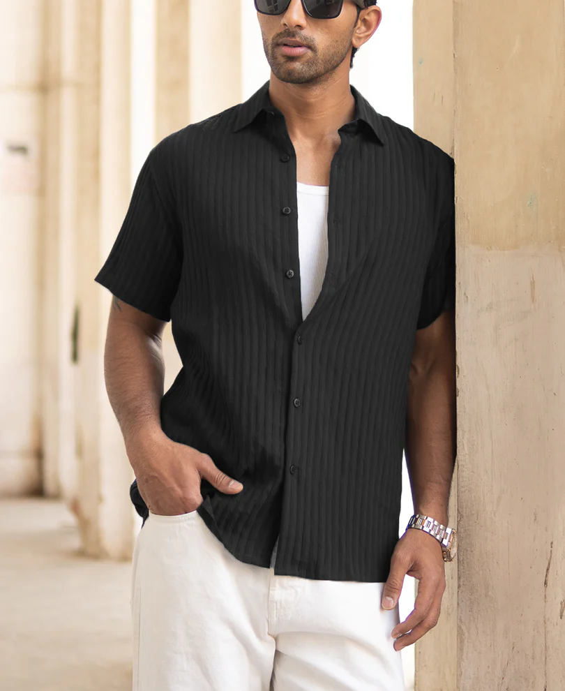 Black Stripe Regular Fit Half Sleeves Shirt - Image 3