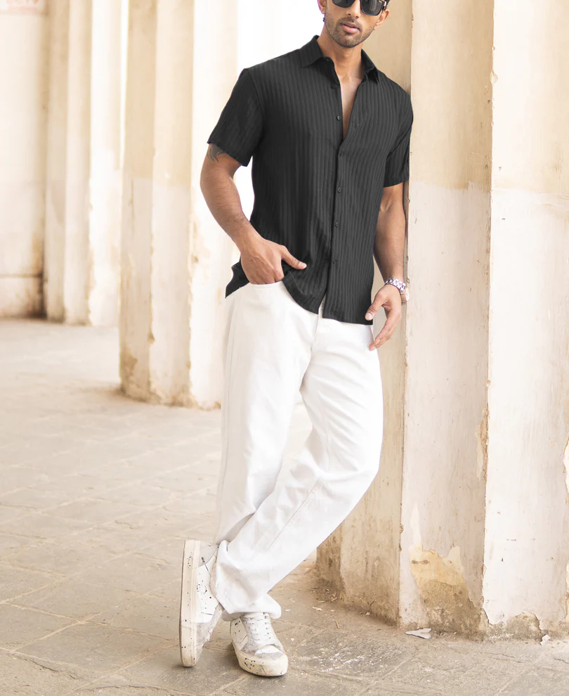 Black Stripe Regular Fit Half Sleeves Shirt - Image 6