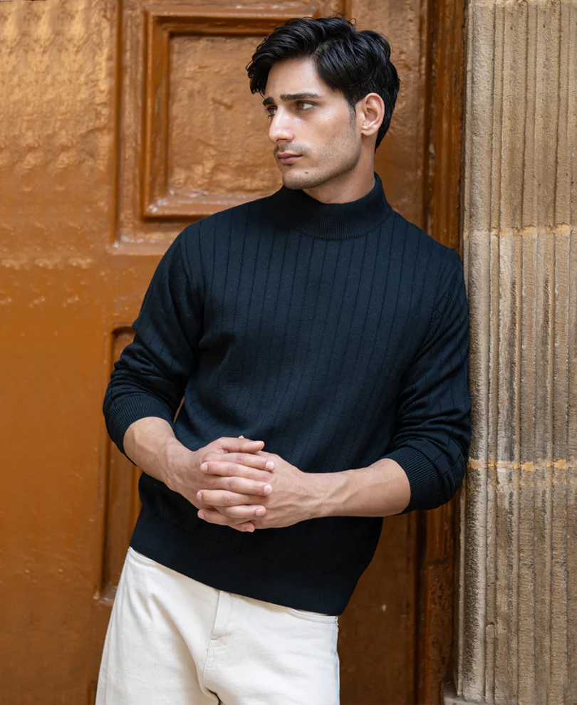Black Structure Stripe High Neck T-Shirt - Image 2