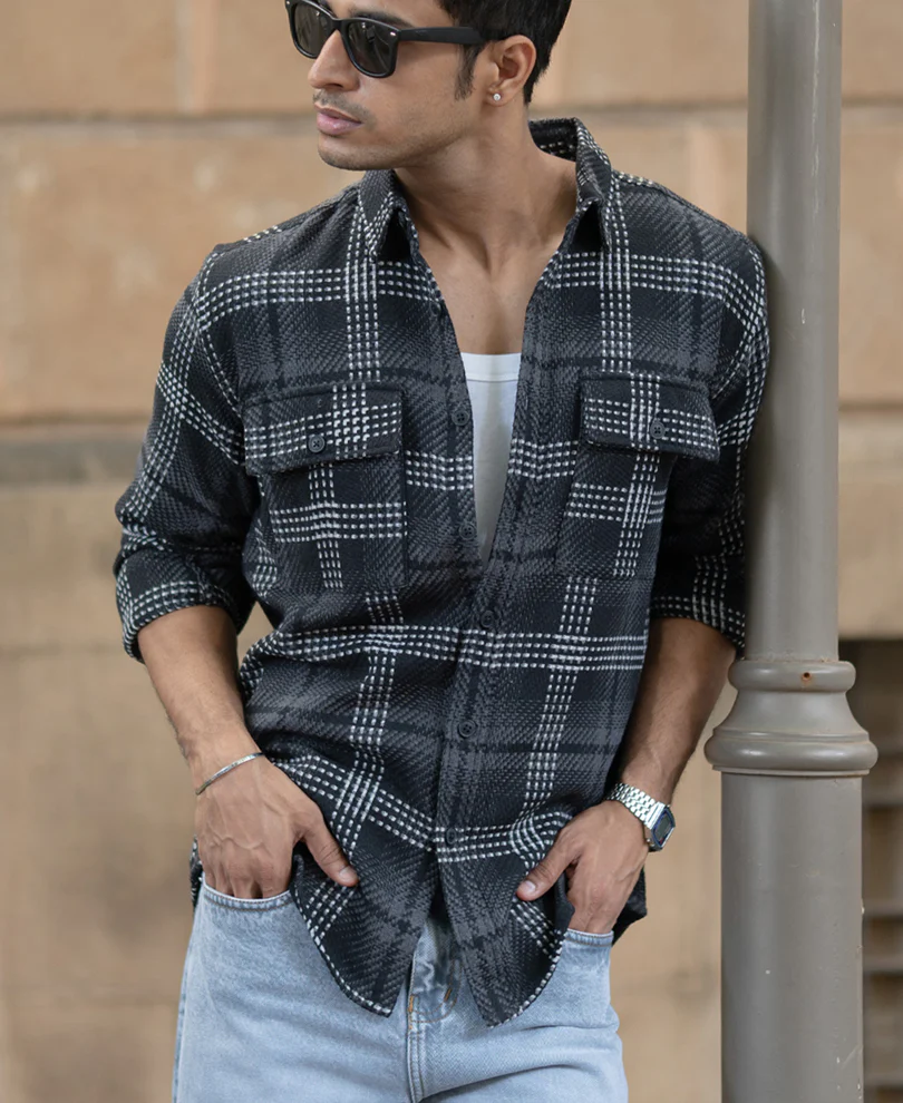 Black Structured Double Pockets Checked Shirt - Image 2