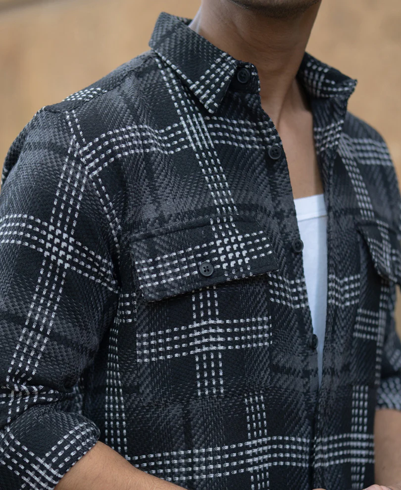 Black Structured Double Pockets Checked Shirt - Image 4