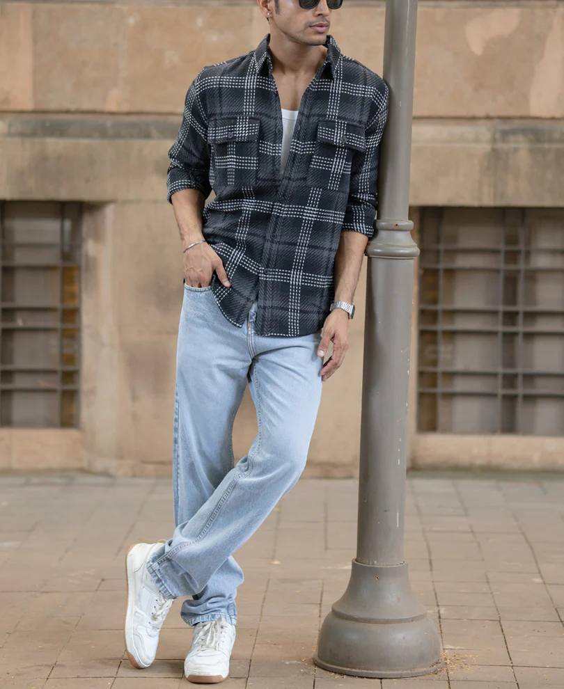 Black Structured Double Pockets Checked Shirt - Image 6