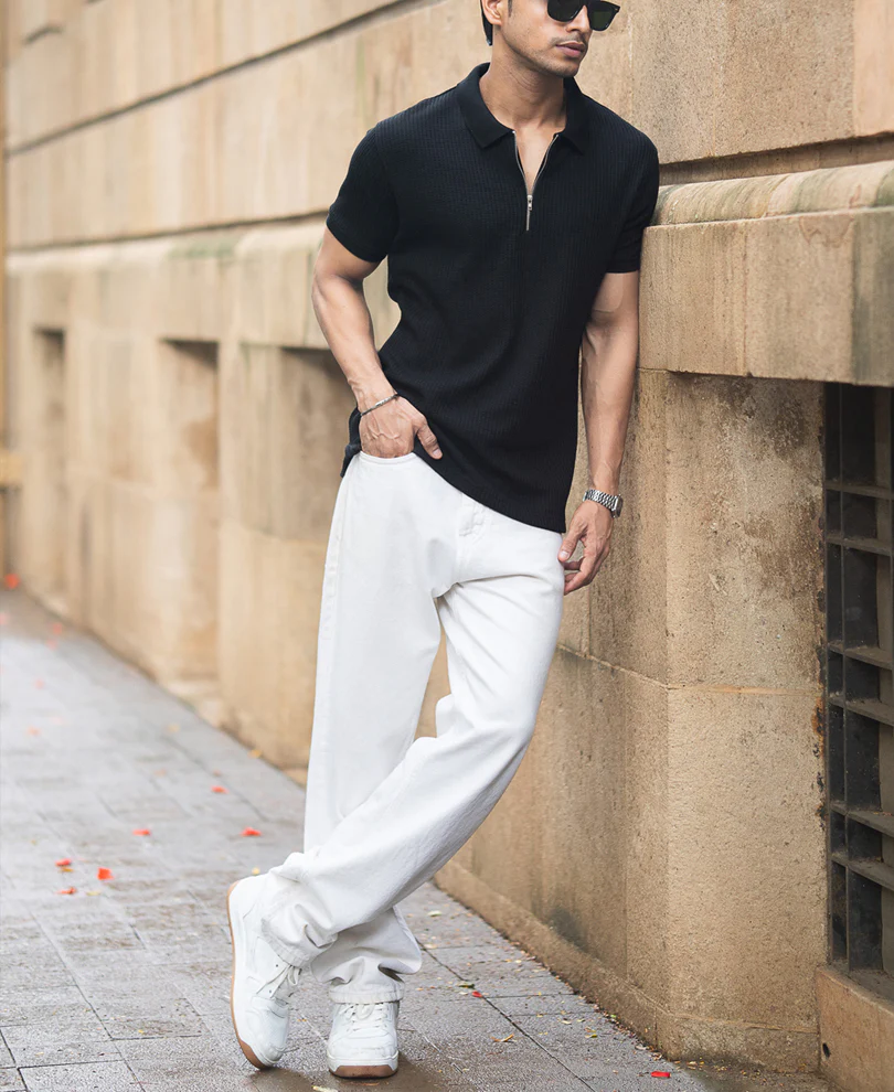Black Structured Half Sleeves Zipper T Shirt - Image 10