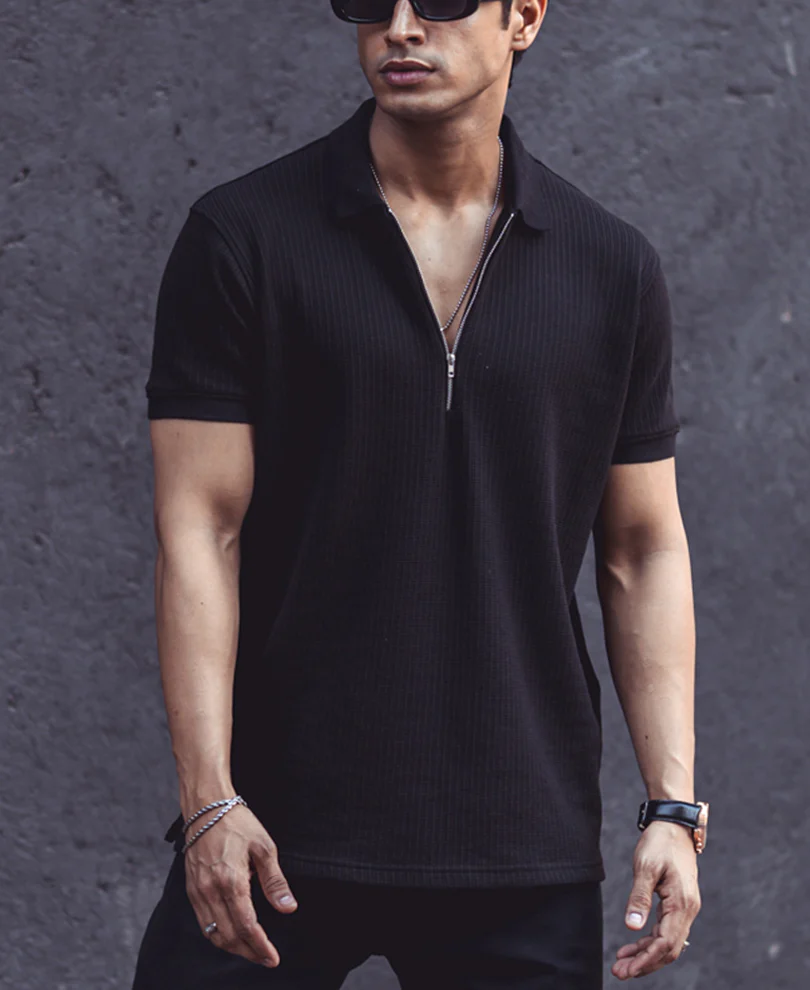 Black Structured Half Sleeves Zipper T Shirt - Image 2