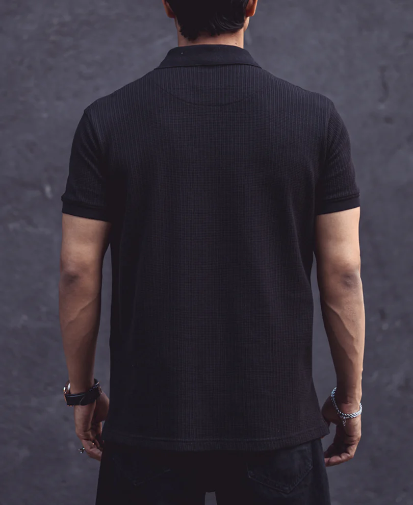 Black Structured Half Sleeves Zipper T Shirt - Image 3