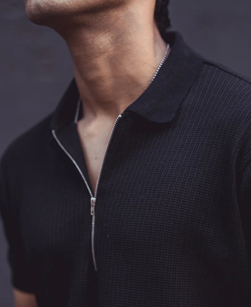 Black Structured Half Sleeves Zipper T Shirt - Image 4