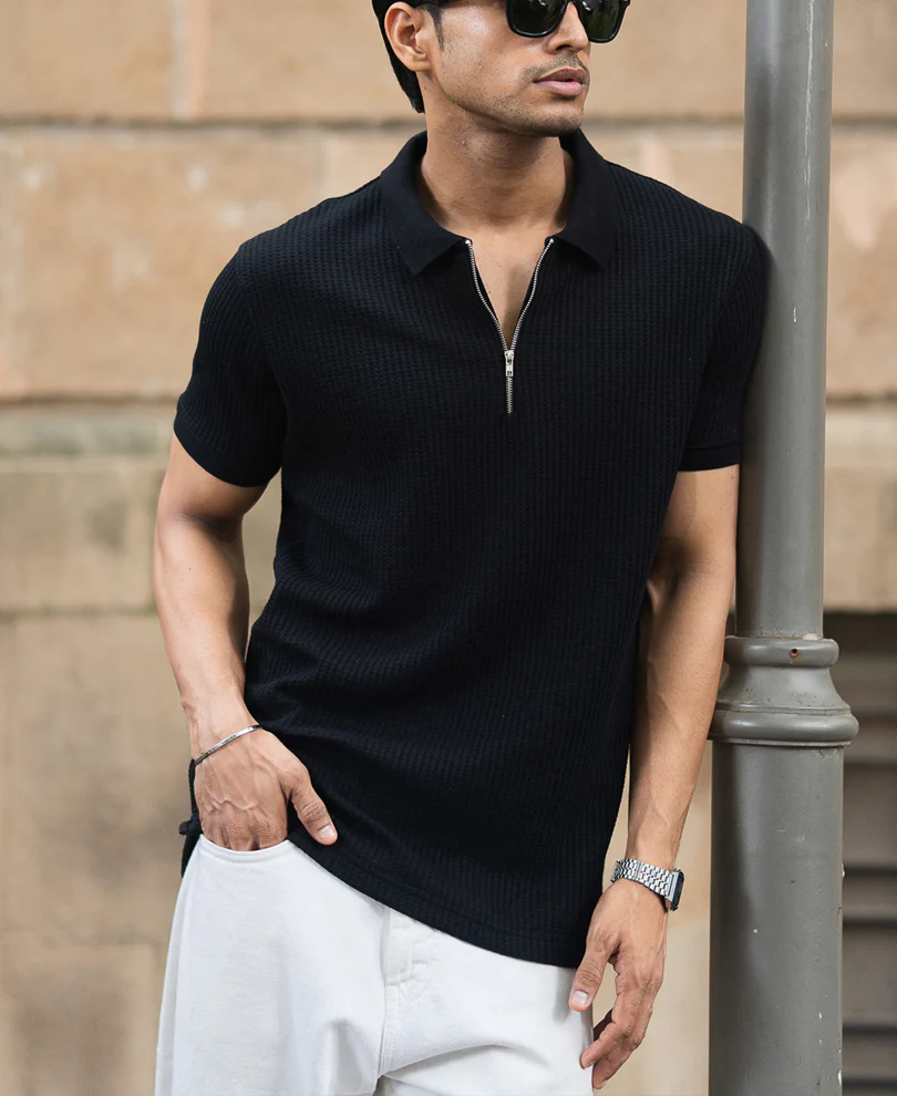 Black Structured Half Sleeves Zipper T Shirt - Image 5
