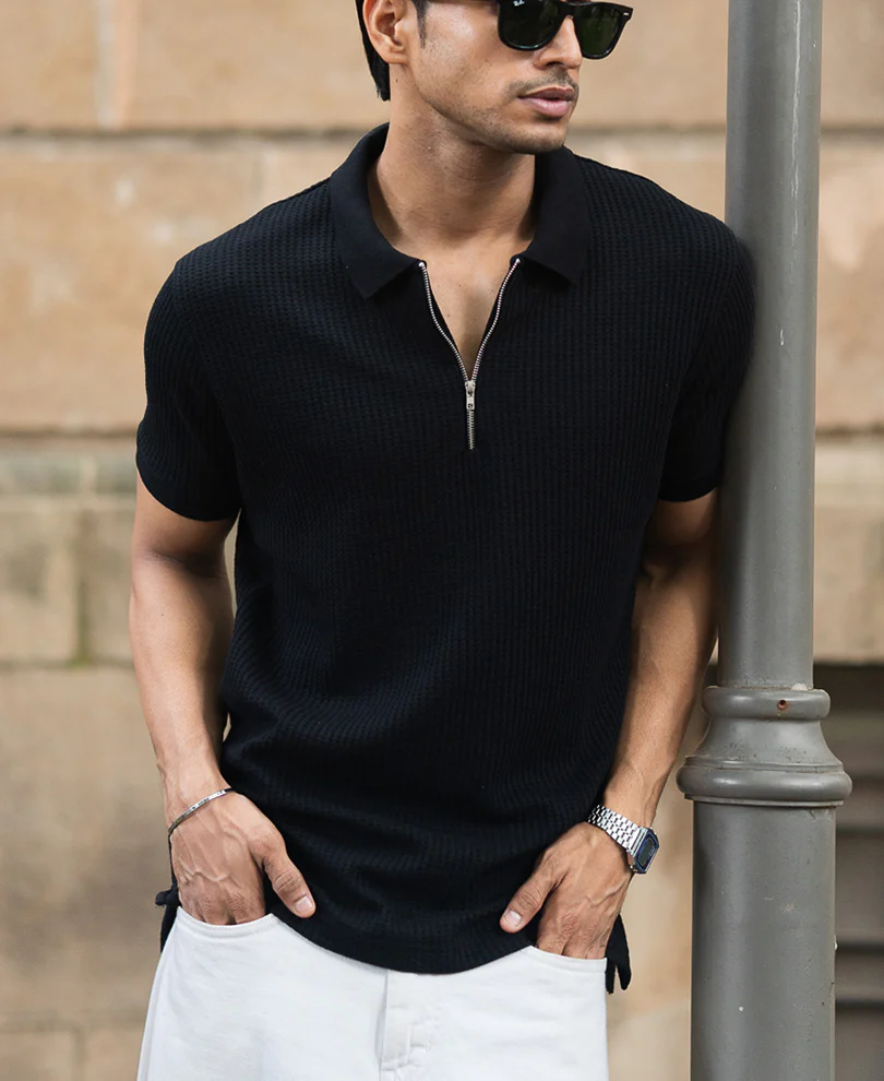 Black Structured Half Sleeves Zipper T Shirt - Image 6