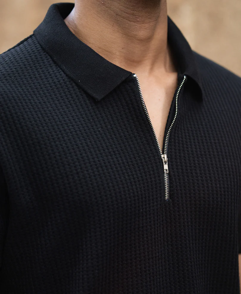 Black Structured Half Sleeves Zipper T Shirt - Image 7