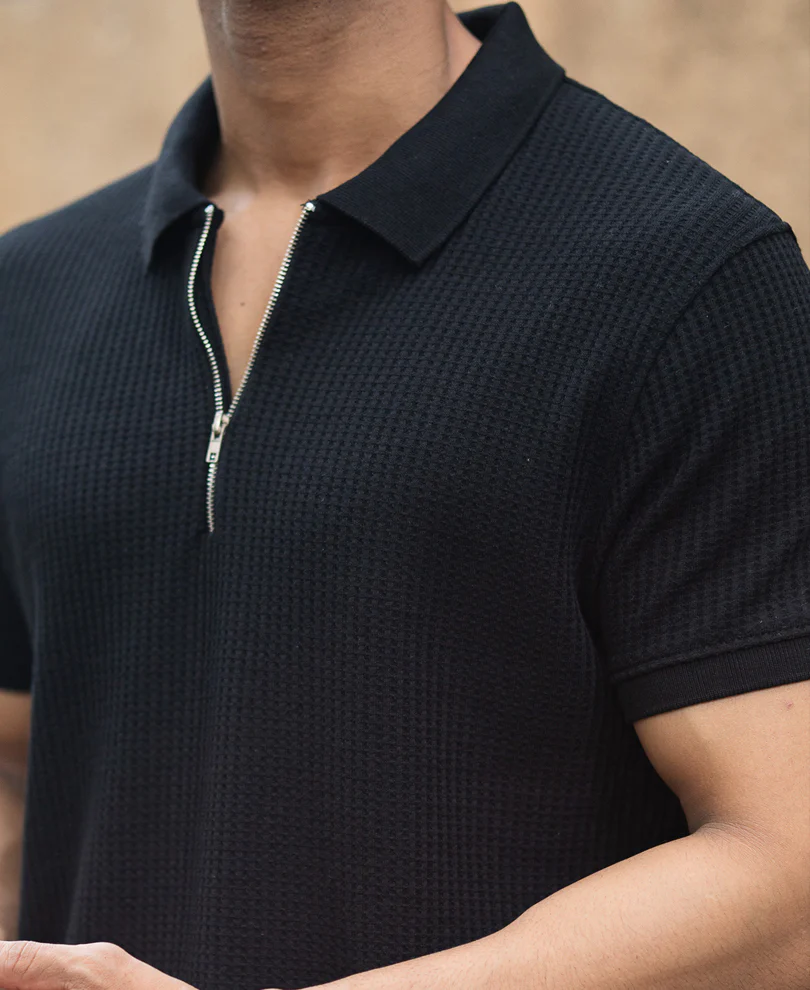 Black Structured Half Sleeves Zipper T Shirt - Image 8