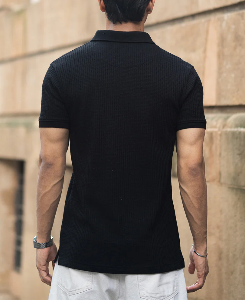 Black Structured Half Sleeves Zipper T Shirt - Image 9