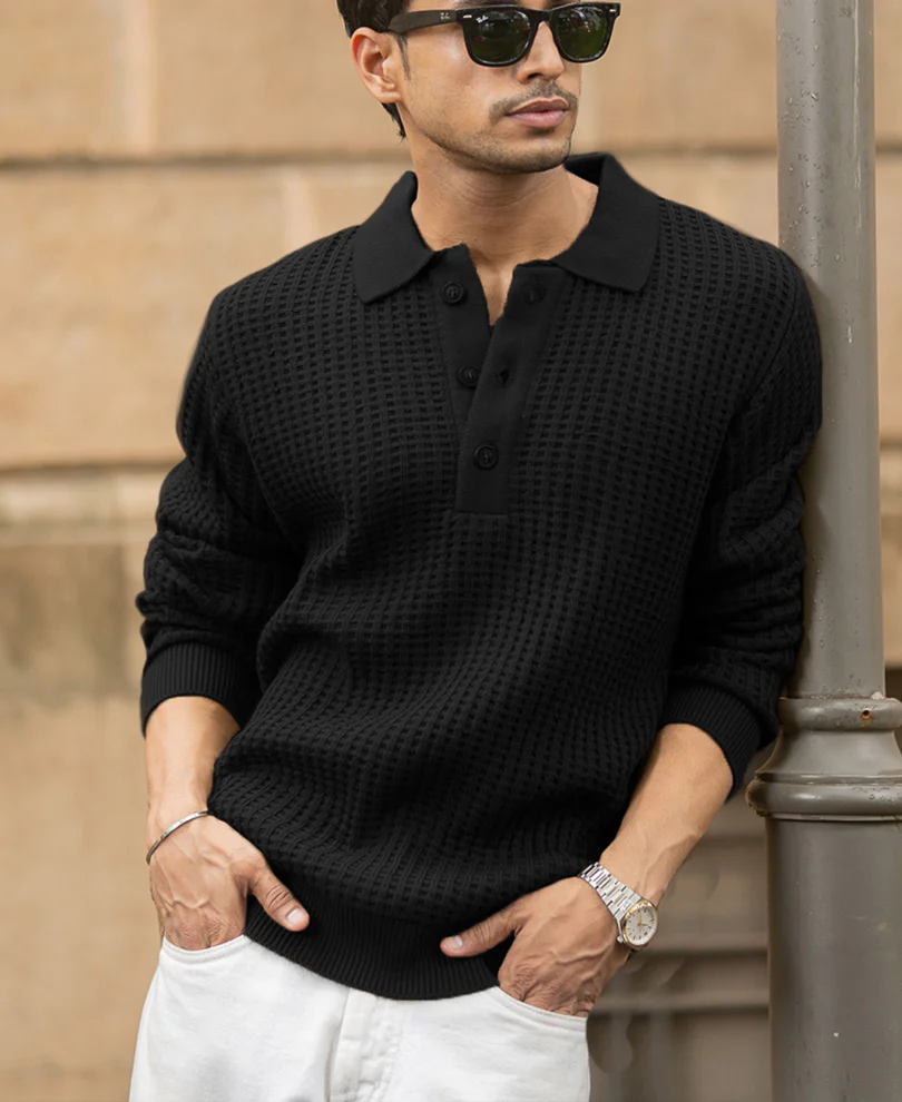 Black Structured Knit Polo T-Shirt - Image 2