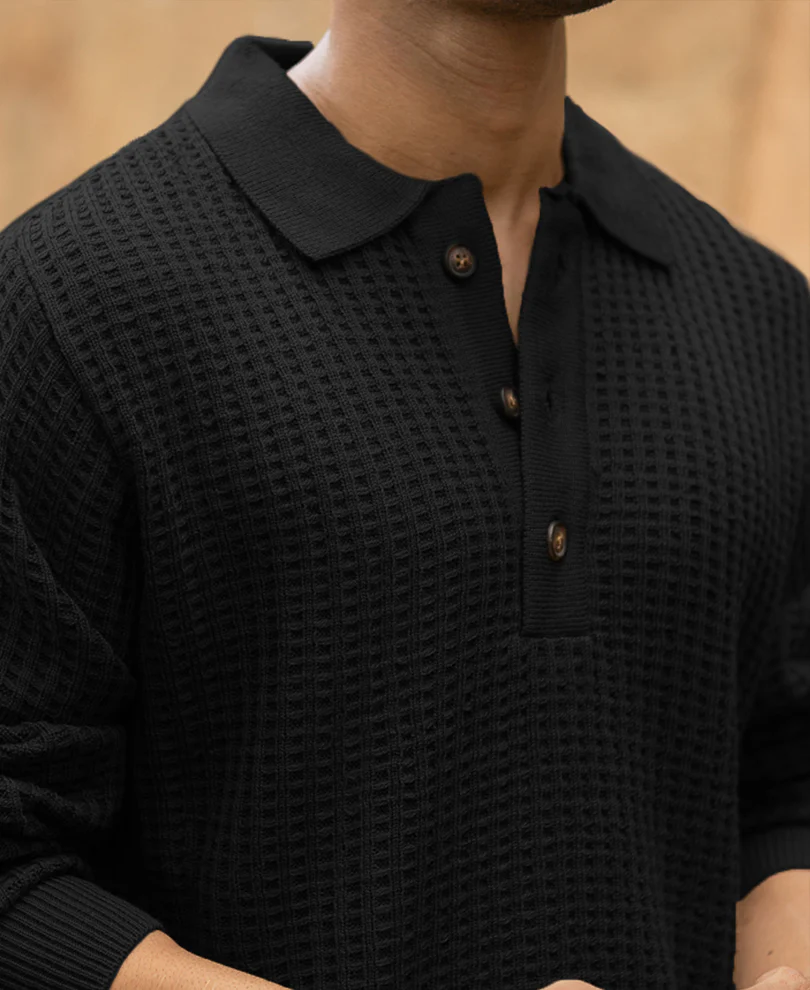 Black Structured Knit Polo T-Shirt - Image 3