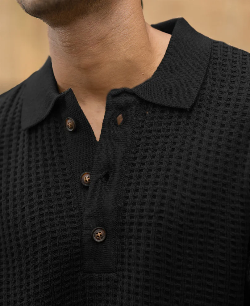 Black Structured Knit Polo T-Shirt - Image 4